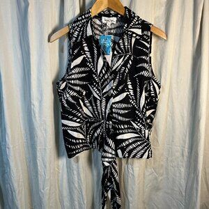 Panama Jack Black and White Leaf Print Tie Front Sleeveless Top New With Tags M